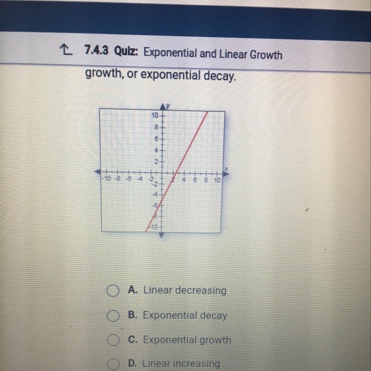 Categorize the graph as linear increasing, linear decreasing, exponential growth, or-example-1