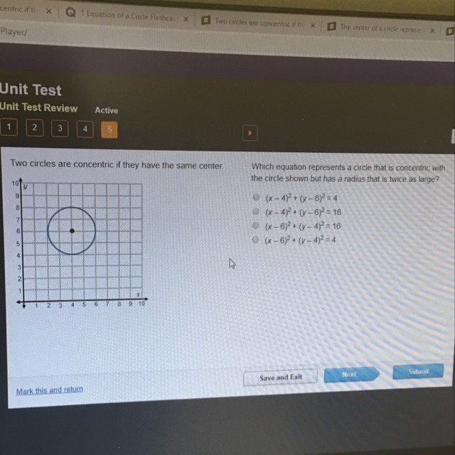 Which equation represents a circle that is concentric with the circle shown but has-example-1