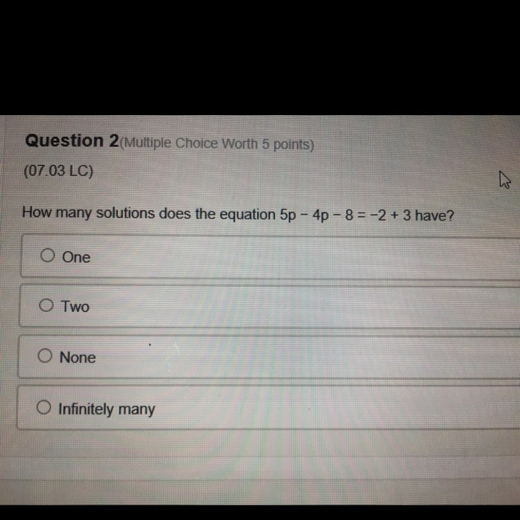 How many solutions does the equation 5p - 4p -8 = -2 + 3 have-example-1