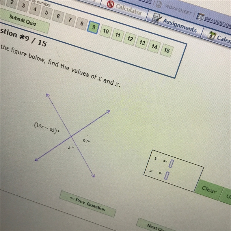 Given the figure below, find the values of x and z-example-1