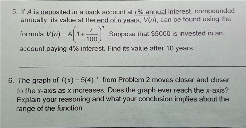 Please help me on this.It's about exponential functions. Both 5 and 6. v(n) = a(1 + (r-example-1