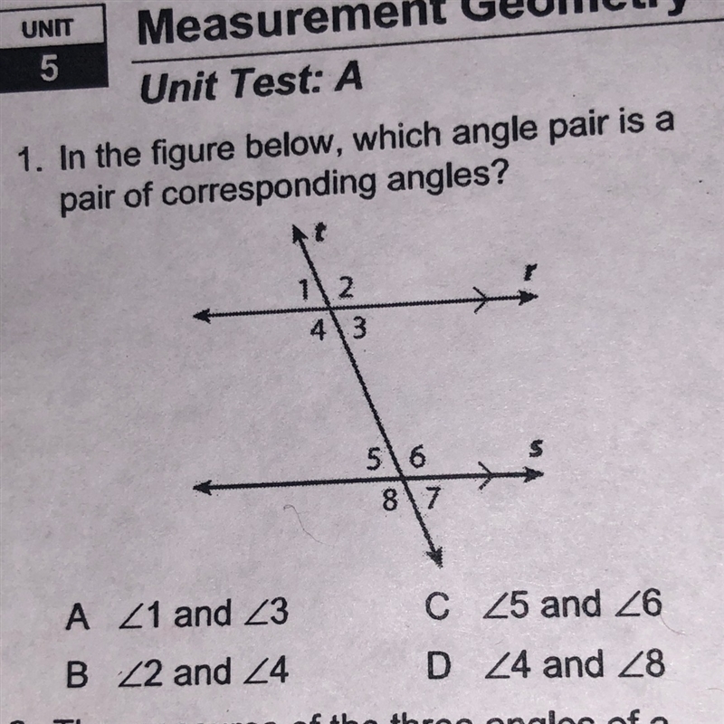 In the figure below, which angle pair is a pair of corresponding angles? A- <1 and-example-1