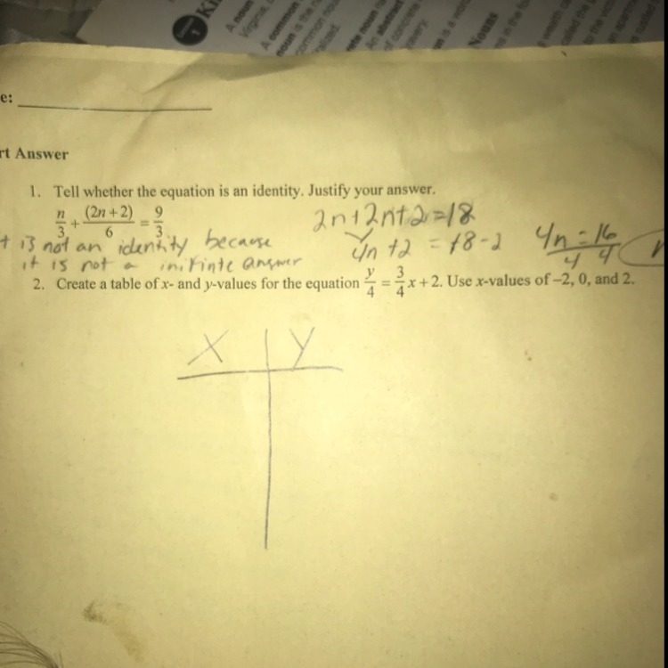 Create a table of x and y values for the expression y/4=3/4x+2. Use the x values of-example-1