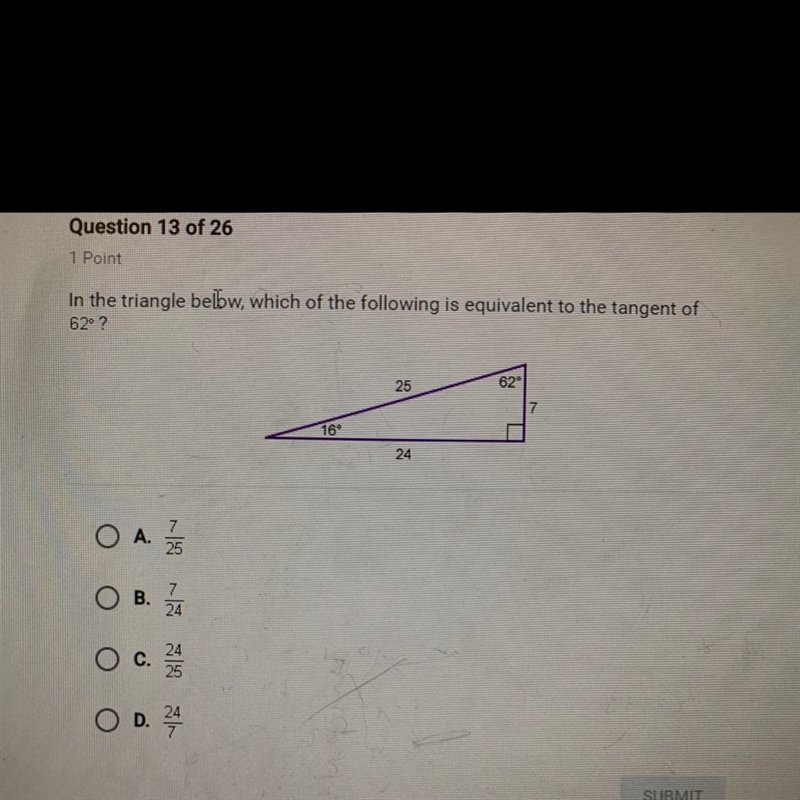 In the triangle below which of the following is equivalent to the tangent of 52 degrees-example-1