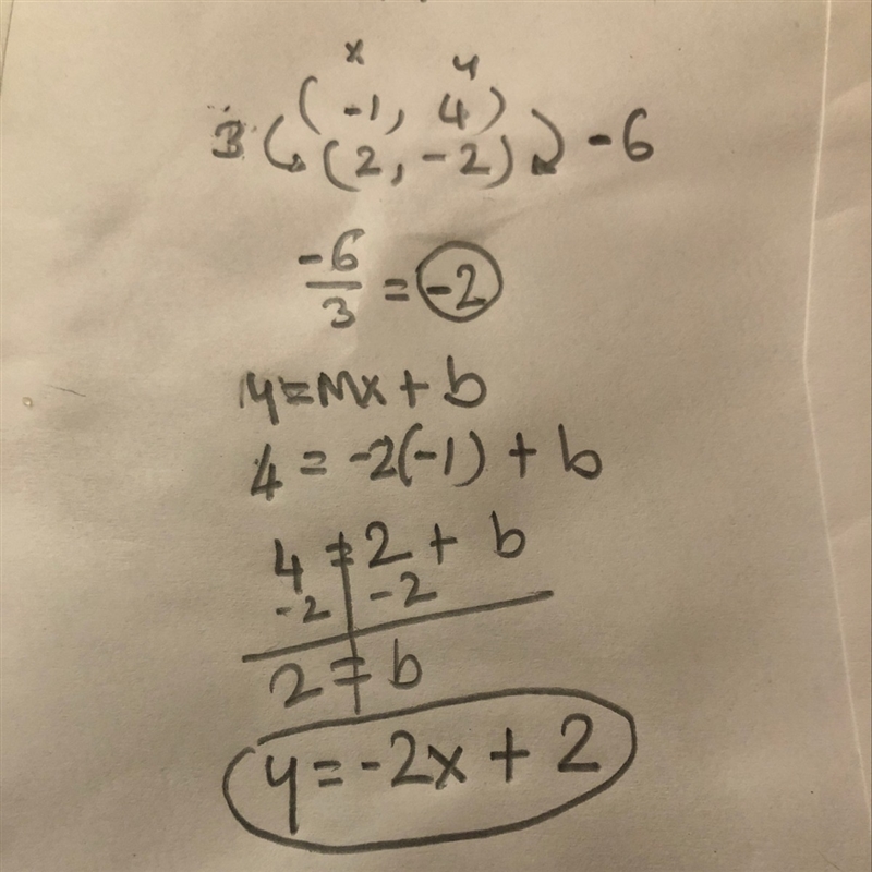 A line passes through the points (-1,4) and (2,-2) what is the equation of this line-example-1