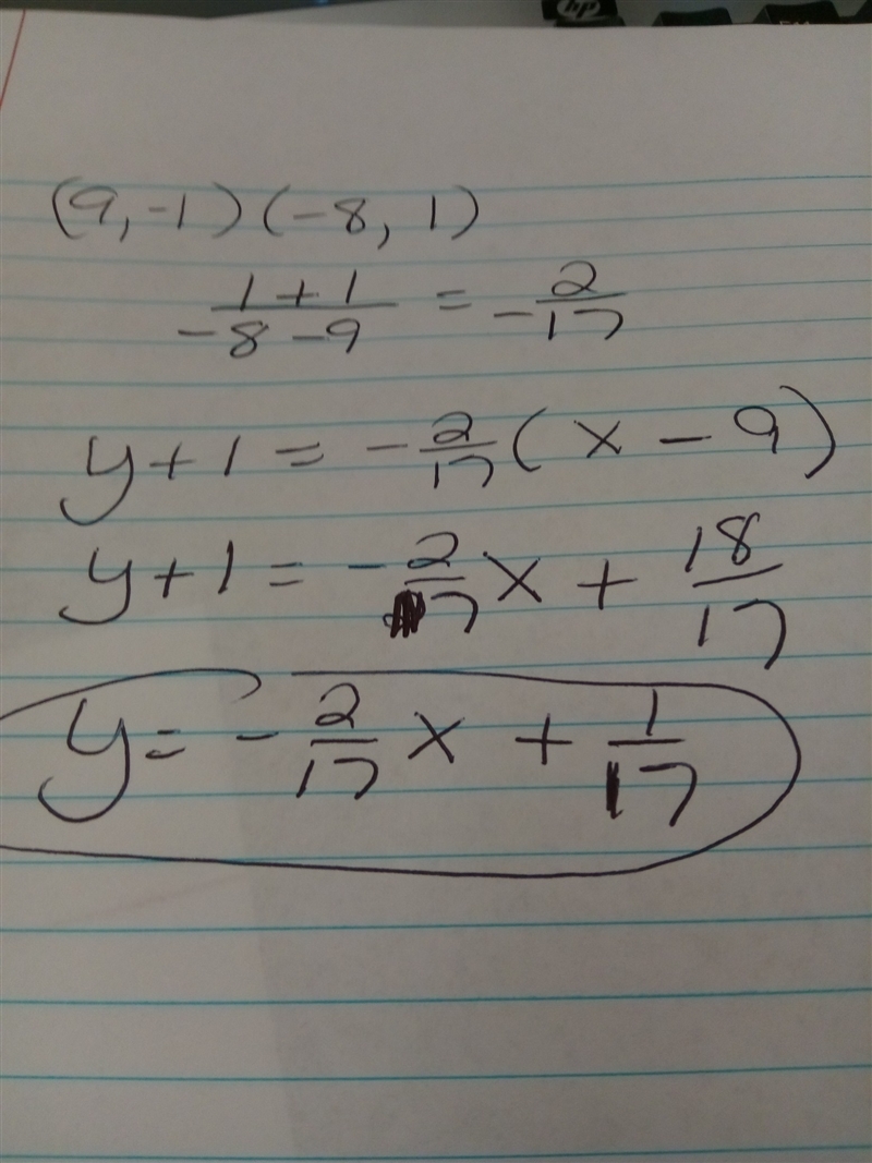 Find an equation for the line in standard form containing the points (9,-1) and (-8,1)-example-1