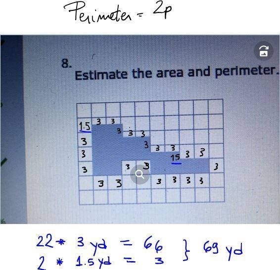 Estimate the area and perimeter. Each square represents 9 yd^2.-example-1