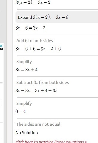 3 (x -2) = 3x - 2 Determine whether it is one solution no solution or infinite number-example-1