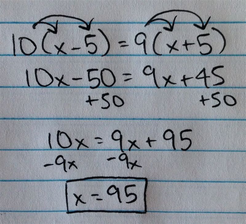 10(x-5)=9(x+5) Solve for x. Thanks!-example-1