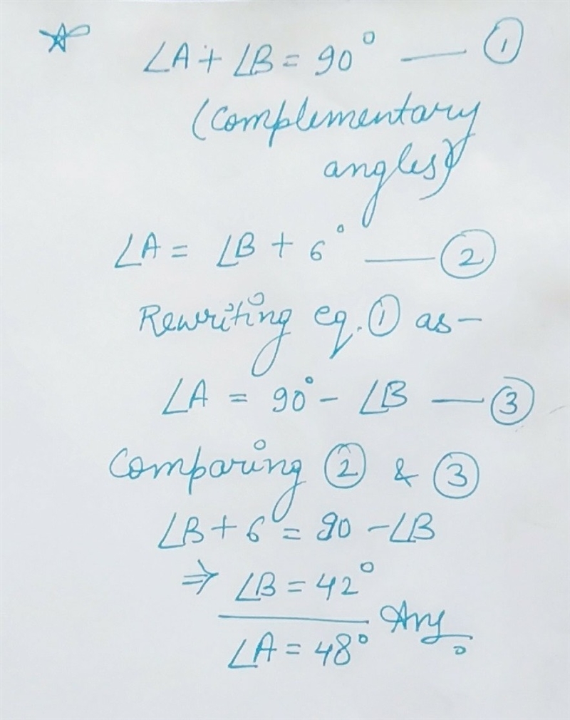 The measure of ∠A is 6° greater than the measure of ∠B. The two angles are complementary-example-1