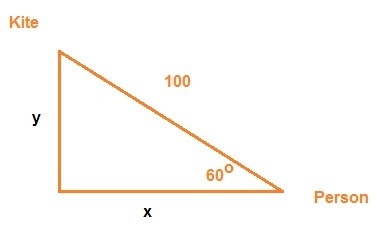 A string of a kite is 100 meters long and it makes an angle of 60° with horizontal-example-1