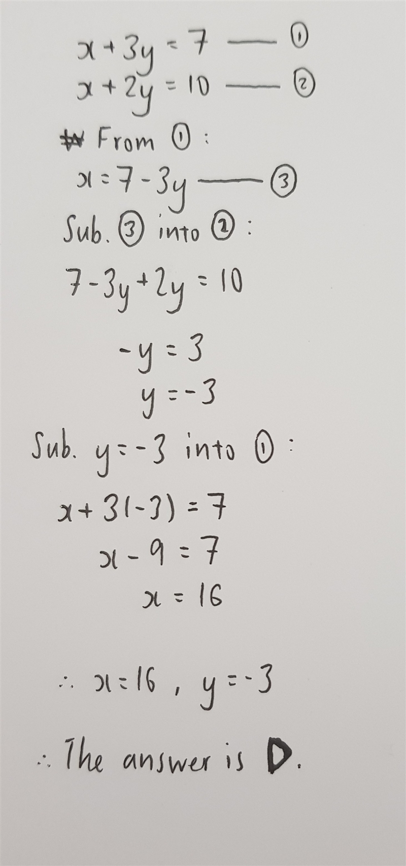 Which ordered pair is the solution to the system of equations below? X+3y=7 X+2y=10 A-example-1