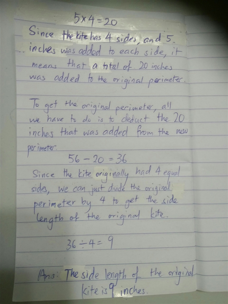 A kite has four equal sides. If 5 inches is added to each side, the new perimeter-example-1