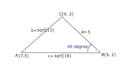 The vertices of a triangle are A(7, 5), B(4, 2), and C(9, 2). What is m`/_ABC`?-example-1