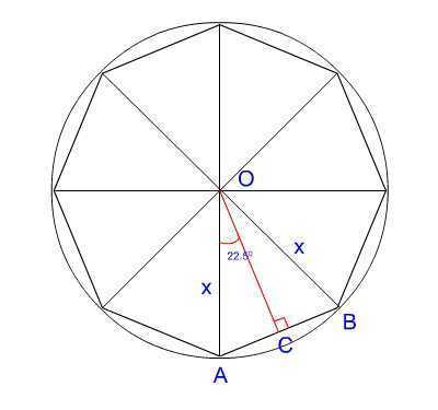 A homeowner has an octagonal gazebo inside a circular area. Each vertex of the gazebo-example-1