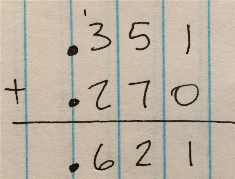 What is the answer to this problem? 0.35 + 0.27 = ? A) 0.8 B) 0.62 C) 0.52 D) 0.512 Also-example-1