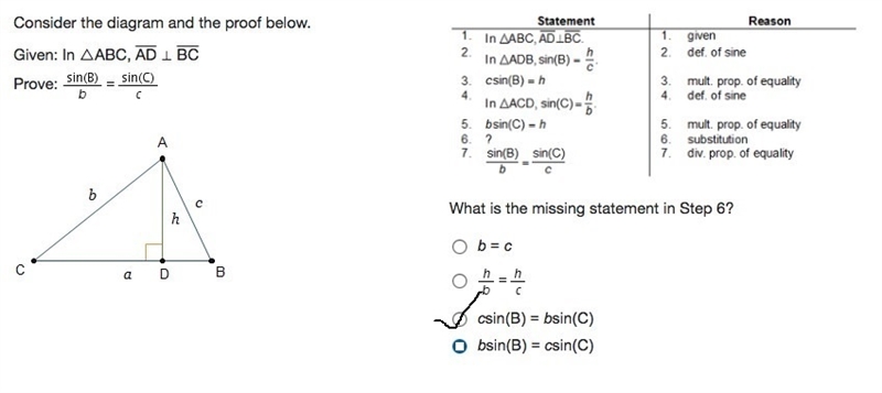 Pleaseee Helpp!!! Given: In △ABC, AD ⊥ BC Prove: What is the missing statement in-example-1