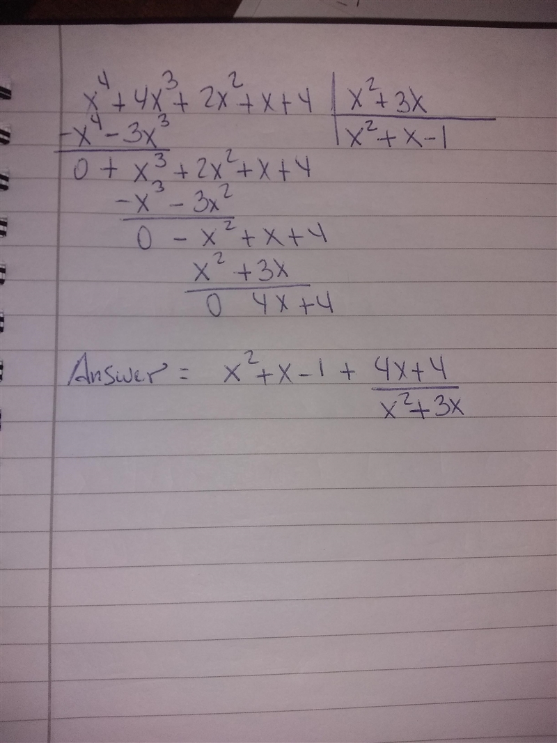 X4+4x3+2x2+x+4 divided by x2+ 3x-example-1