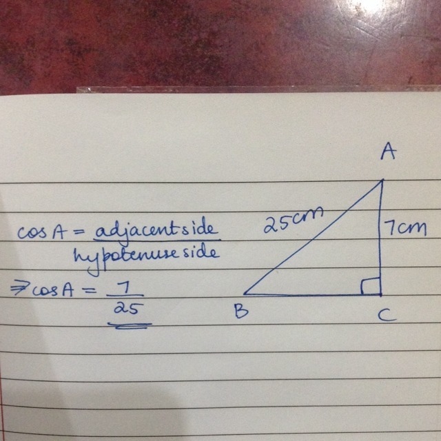 Find cos A if c = 25, b = 7-example-1