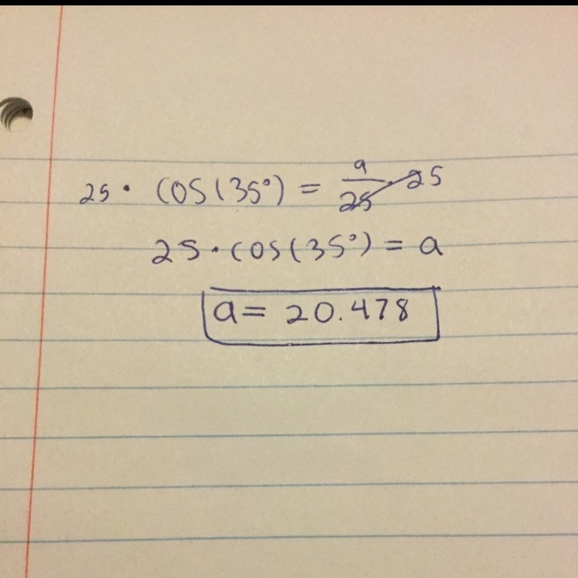 The equation cos(35) =a/25 can be used to find the length of bc-example-1