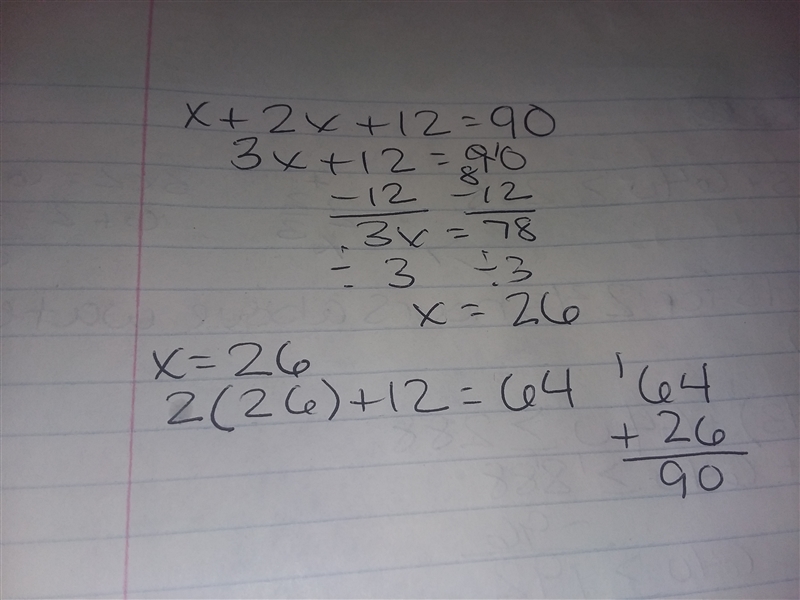 The measures of two complementary angles are x and 2x+12. Find the measures of the-example-1