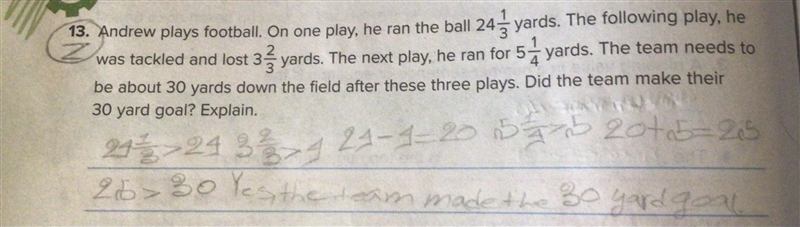 Andrew plays football.On one play,he ran the ball 24 1/3 yards.The following play-example-1