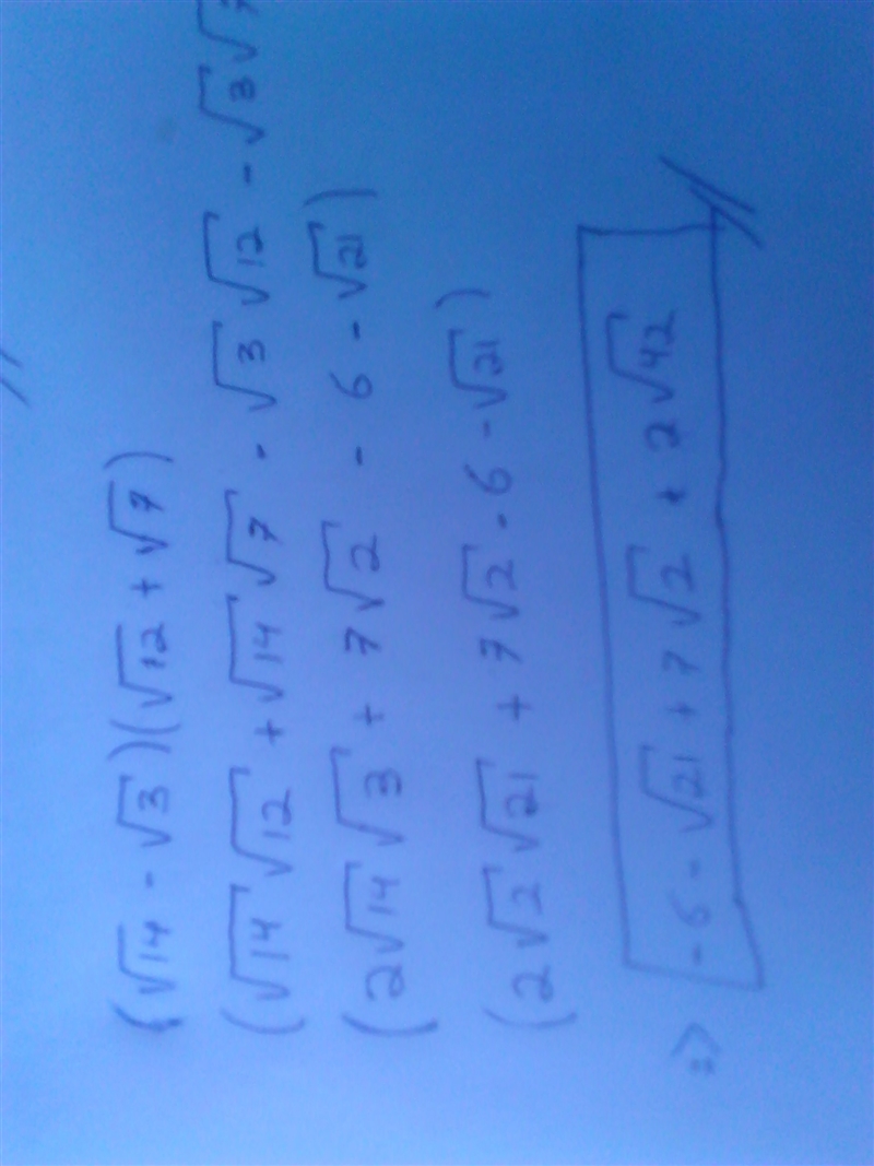 What is the following product of ( square root 14 - square root 3 ) ( square root-example-1