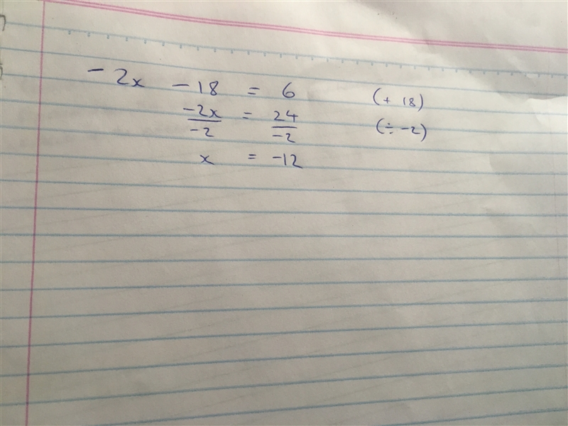 Solve the equation -2x -18= 6-example-1