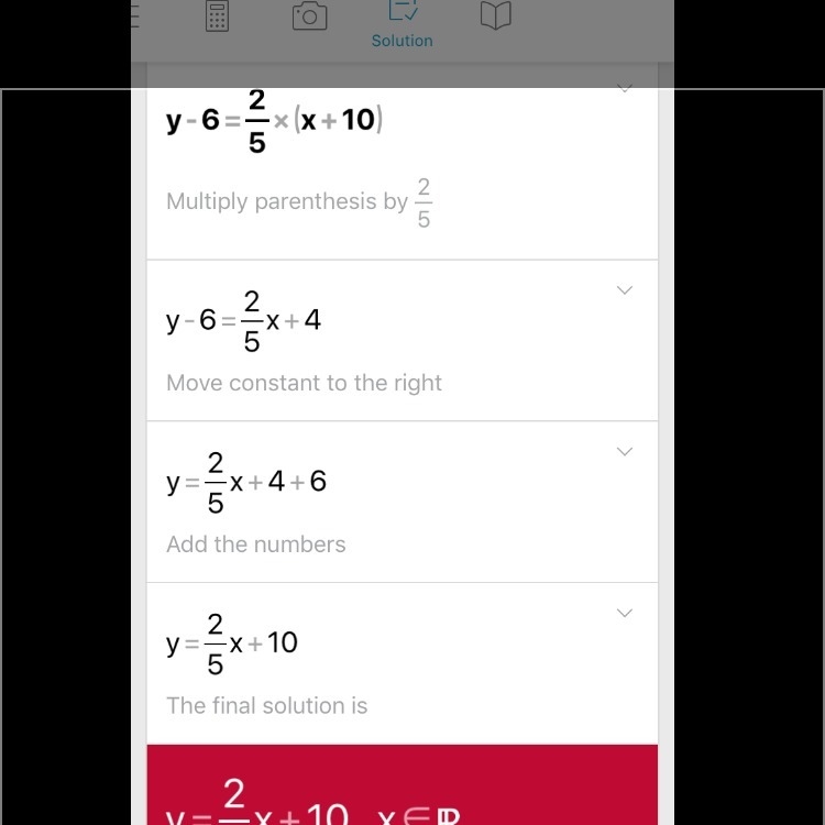 Convert y - 6 = 2/5 (x + 10)-example-1