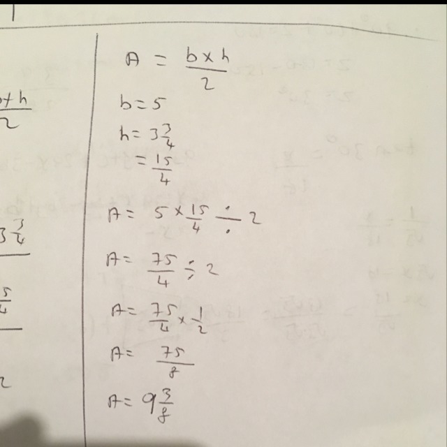 Find the area of the triangle that has a base of 5 in. and a height of 3 and 3/4 in-example-1