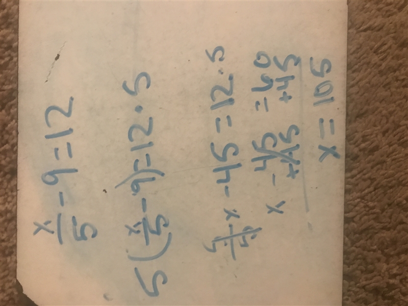 X/5 - 9 = 12 shown step by step-example-1