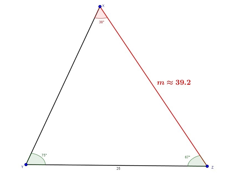 PLEASE help! Math help? :) In △XYZ , m∠X=38∘ , m∠Z=67∘ , and YZ=25 feet . What is-example-1