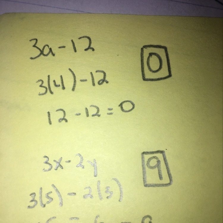 1 . Evaluate 3a - 12 divided by a for a =4 2. Evaluate 3x- 2y , if x= 5 and y =3-example-1