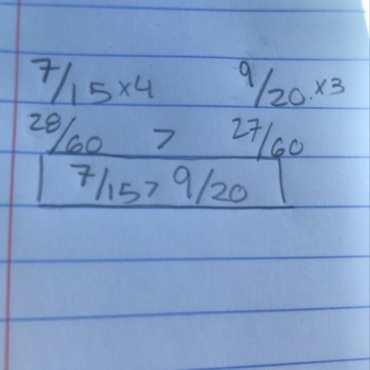 Is 7/15 greater or less than 9/20. With picture if you can. 30 points-example-1