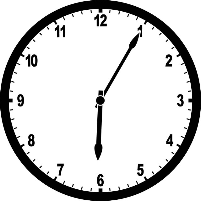 Draw hands on the clock to show 5 minutes after 6-example-1