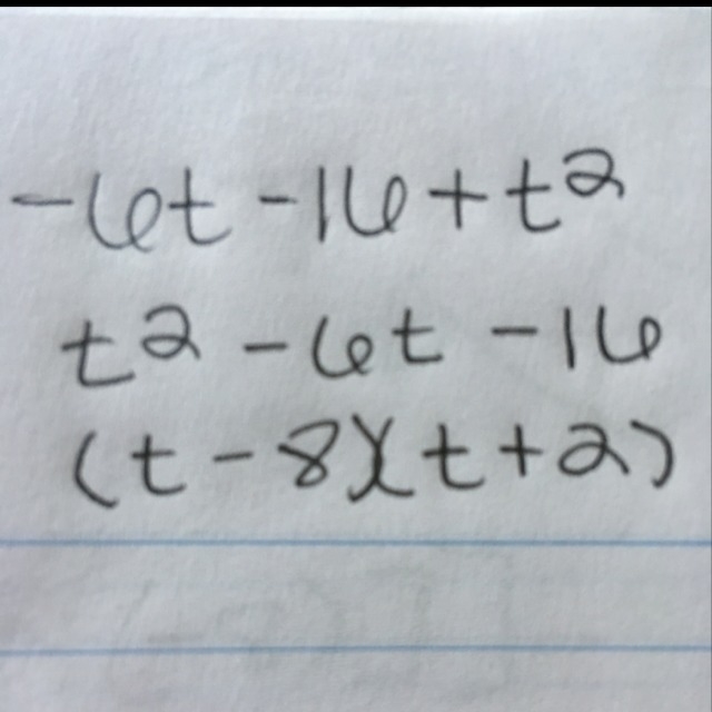 Factor -6t-16+t^2 how do you factor this equation?-example-1