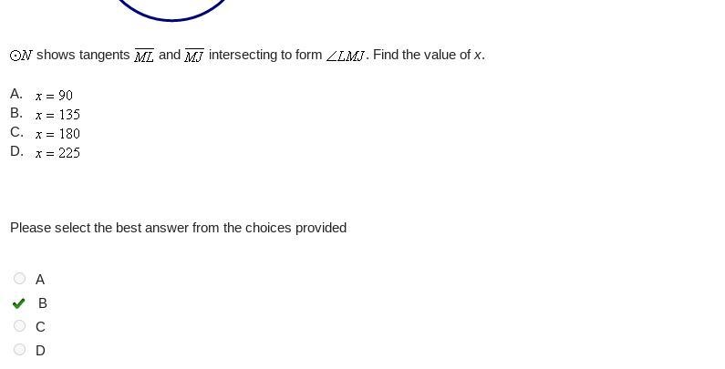 Circle N shows tangents ML and MJ intersecting to form LMJ. Find the value of x A-example-1