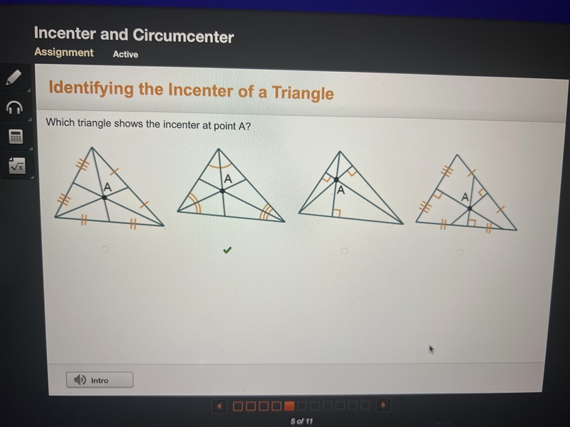 Which triangle shows the incenter at point A?-example-1