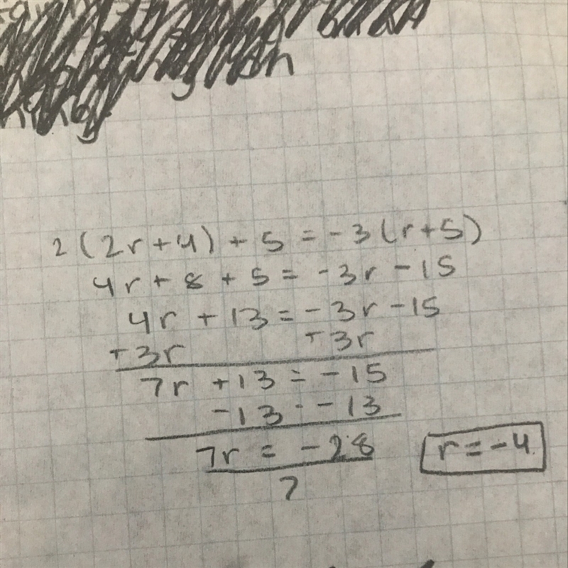 2(2r + 4) + 5 = -3( r + 5)-example-1