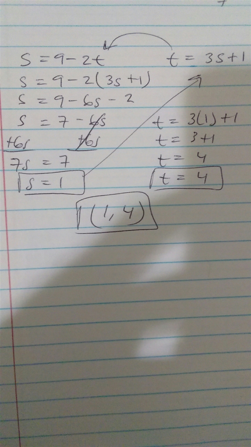 At which point do the lines s=9-2t and t=3s+1 intersect? Give your answer as an ordered-example-1