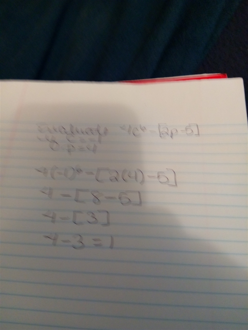 Evaulate 4c^6 -[2p-5] if c =-1 and p=4-example-1