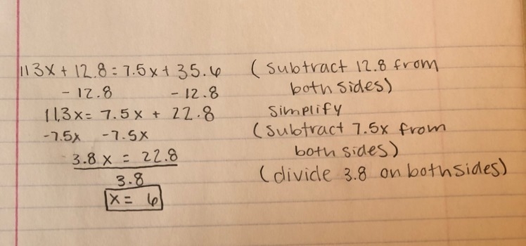 11.3x+12.8=7.5x+35.6 i need help can you show me step by step-example-1