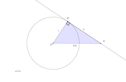 Ab is tangent to circle o at b. find the length of the radius r fur ab=5 and ao=8.6-example-1