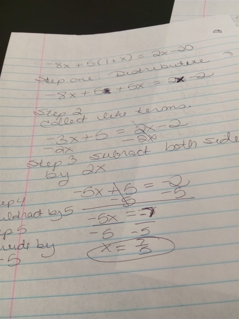 -8x + 5 ( 1 + x ) = 2x - 20 , solve step by step, and explain each step !!! please-example-1