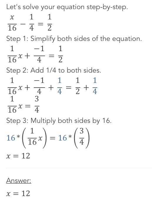 X/16-1/4=1/2 solve for x-example-1