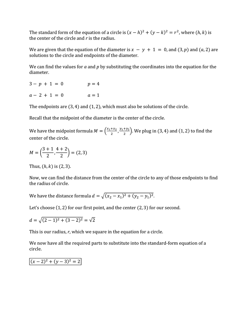 the equation of a circle is x - y + 1 = 0 . if one end of the diameter is ( 3, p) and-example-1