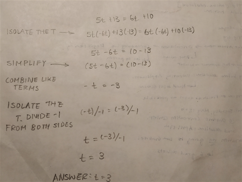 5t+13=6t+10 please help and explain how you got your answer. I have trouble with equations-example-1