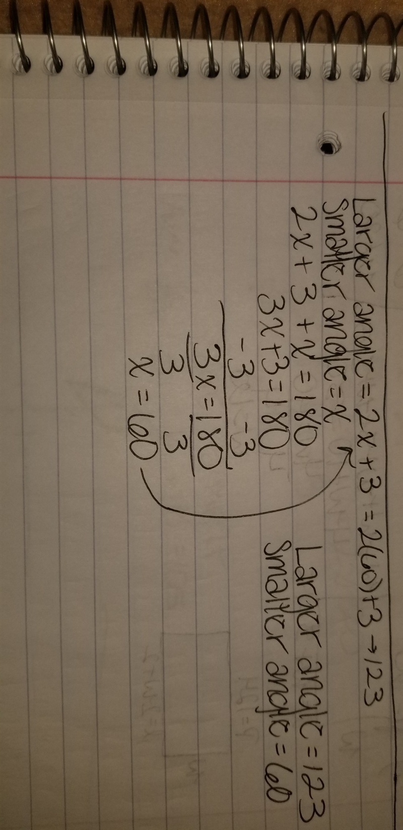 Two angles are supplementary if their sum is​ 180°. The larger angle measures three-example-1