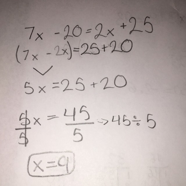 How to solve 7x-20=2x+25-example-1