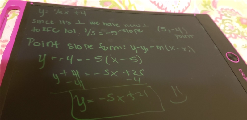 What is the equation of the line that is perpendicular to y= 1/5x+4 and that passes-example-1